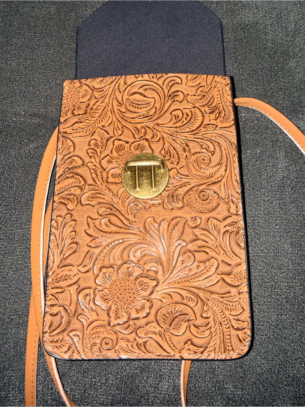 Tooled Floral Leather Crossbody Bag in Tan with Gold Turn Lock